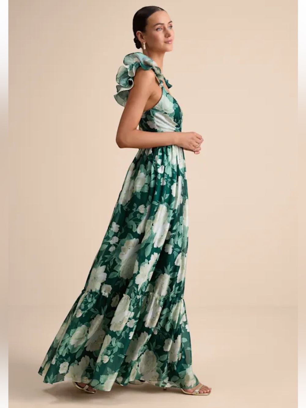 Lulus Floral Maxi Dress Green White Ruffle Strap Empire Waist Size L NWT - Picture 7 of 13